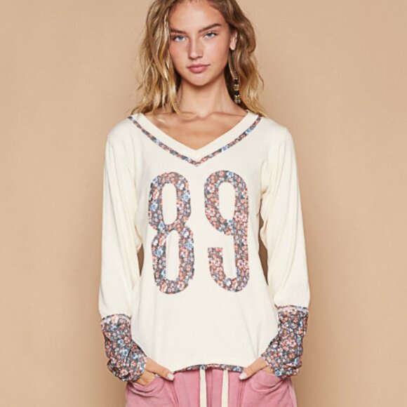 POL L/S TEE V-NECK FLORAL NUMBER PATCHWORK BUTTERMILK NIP - Picture 1 of 6